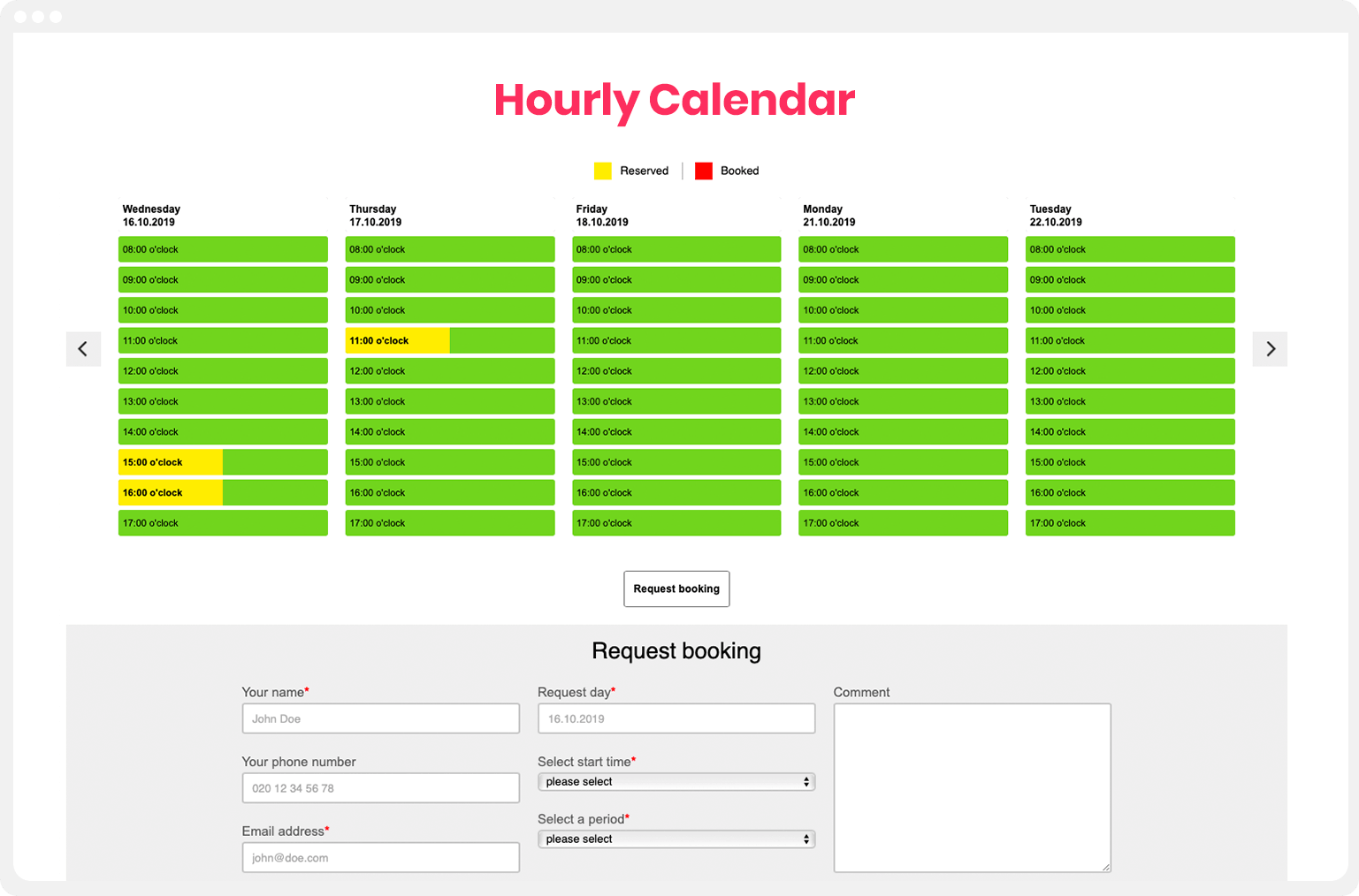 Hourly Calendar for your Website
