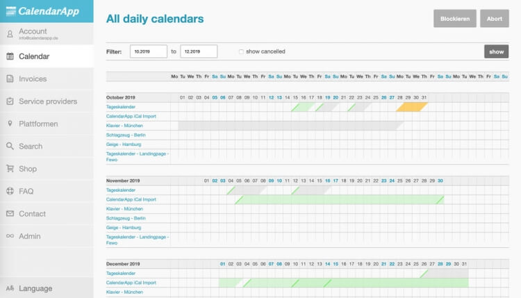 CalendarApp Dashboard Backend view