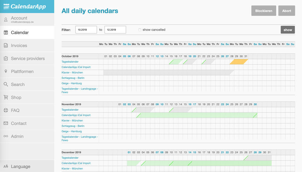 CalendarApp Dashboard Backend view