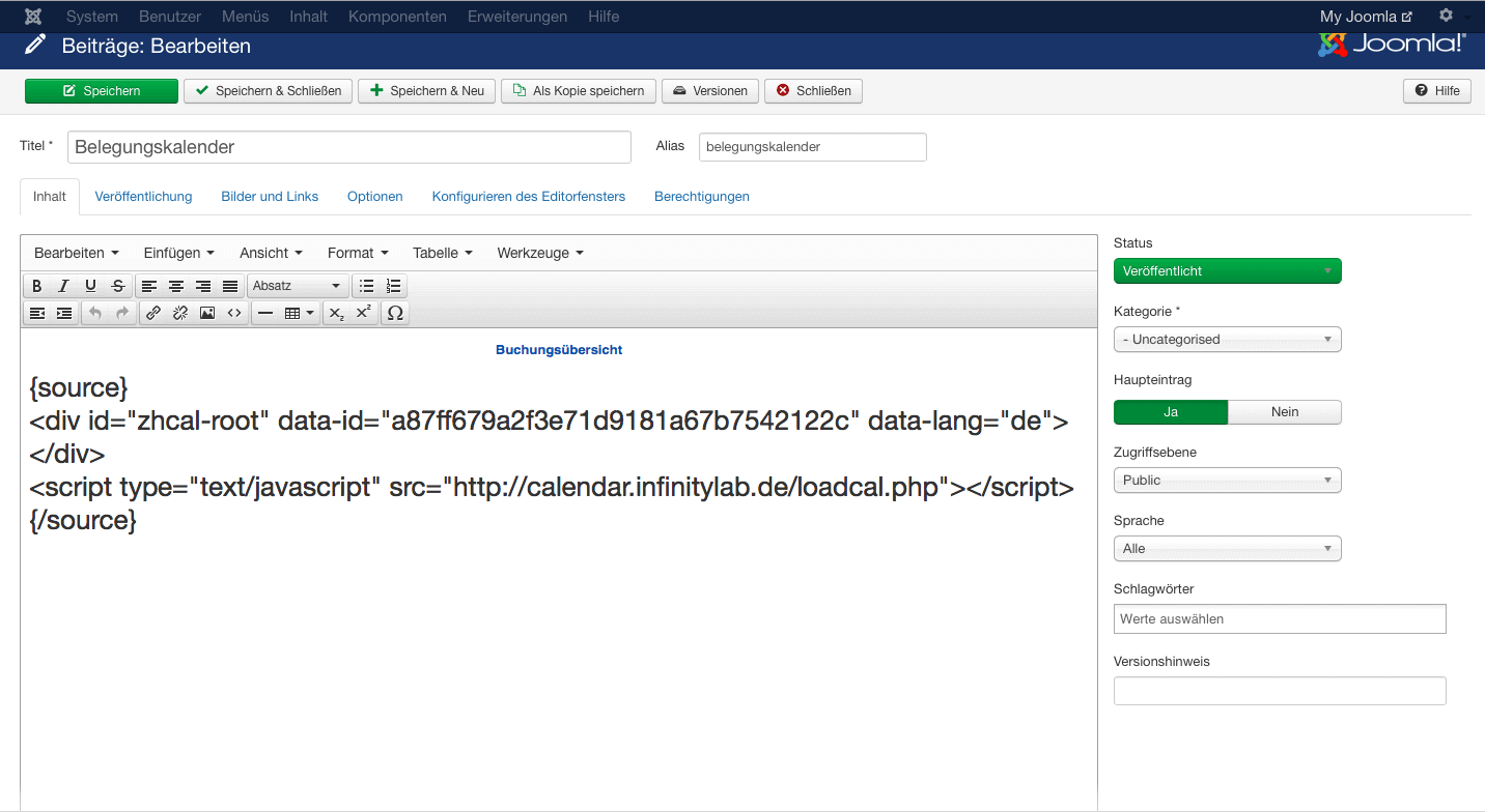 CalendarApp in Joomla mit einem Script einfügen